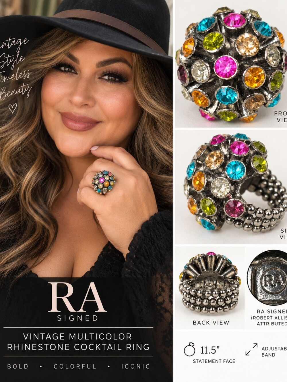 Vintage RA Multicolor Rhinestone Sputnik Dome Statement Cocktail Ring